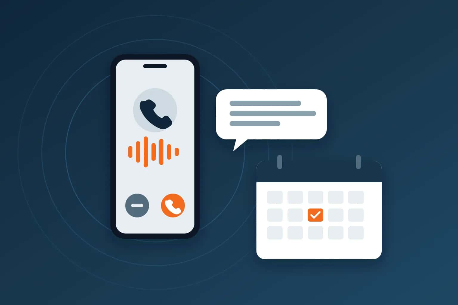 An illustration of a phone showing an incoming call, a text message bubble and a calendar with one day checked