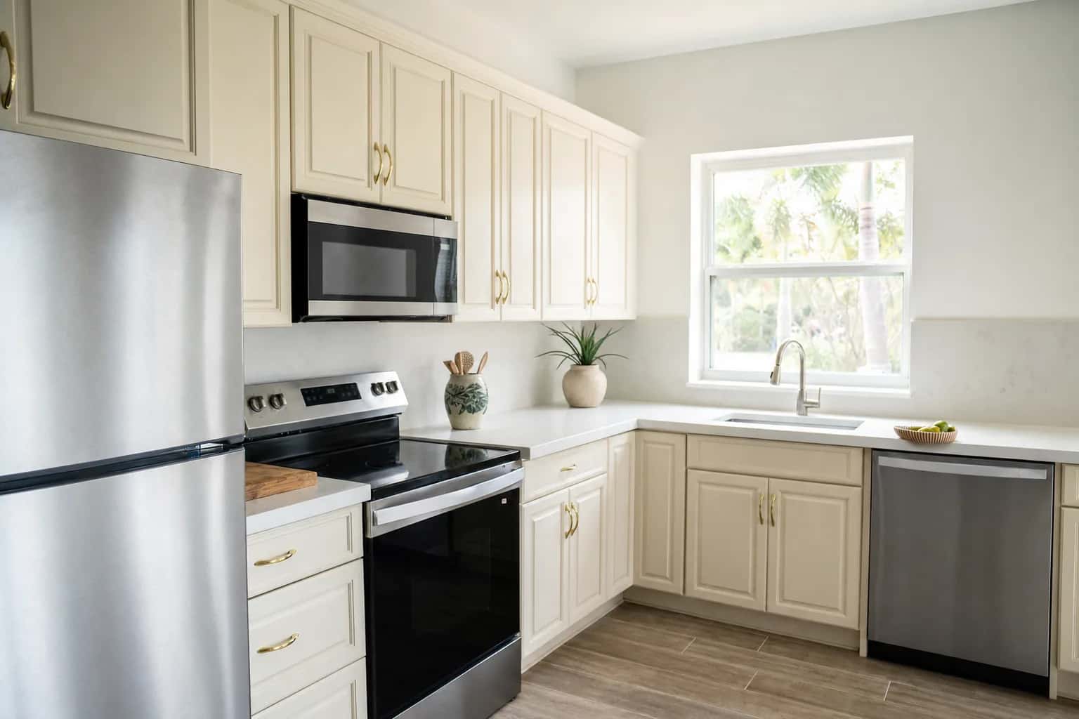 A bright kitchen with a stainless refrigerator, electric range, over-the-range microwave and dishwasher