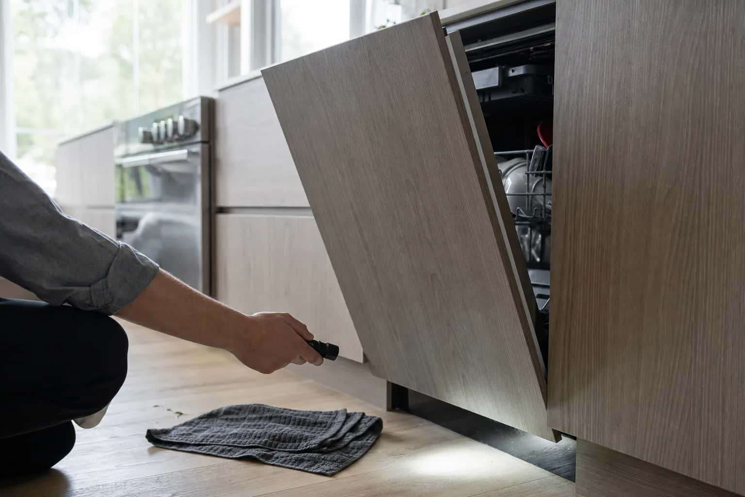 A person crouching to look under a dishwasher door with a flashlight, a towel on the floor