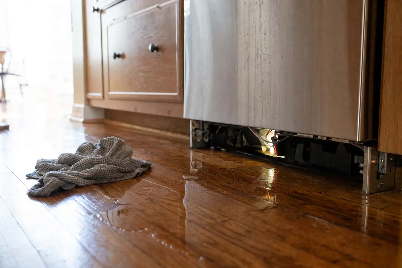 Water pooled on a wood floor in front of a dishwasher, with a towel nearby