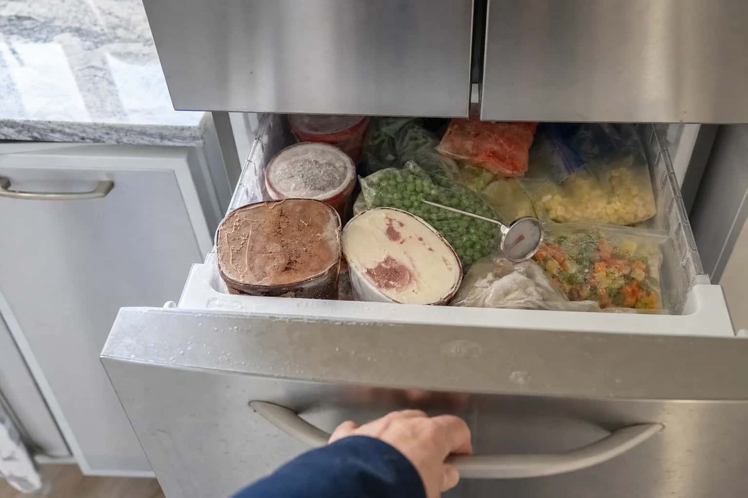 An open freezer drawer full of frozen food, with a thermometer among the packages