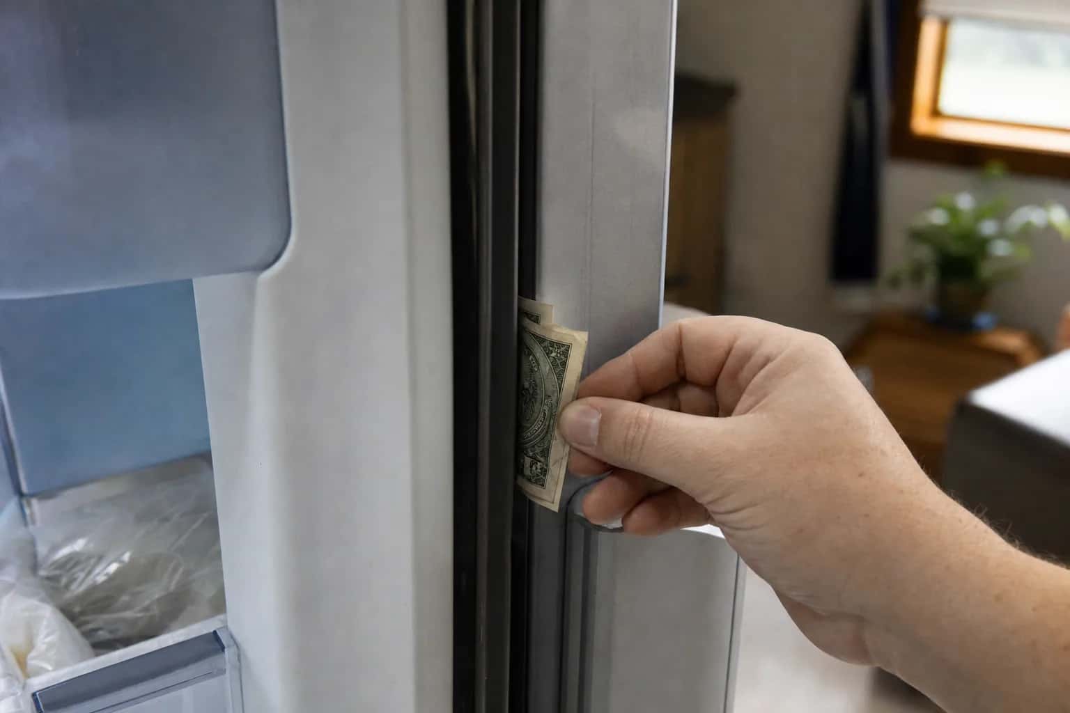 A hand closing a refrigerator door on a dollar bill to test the door gasket