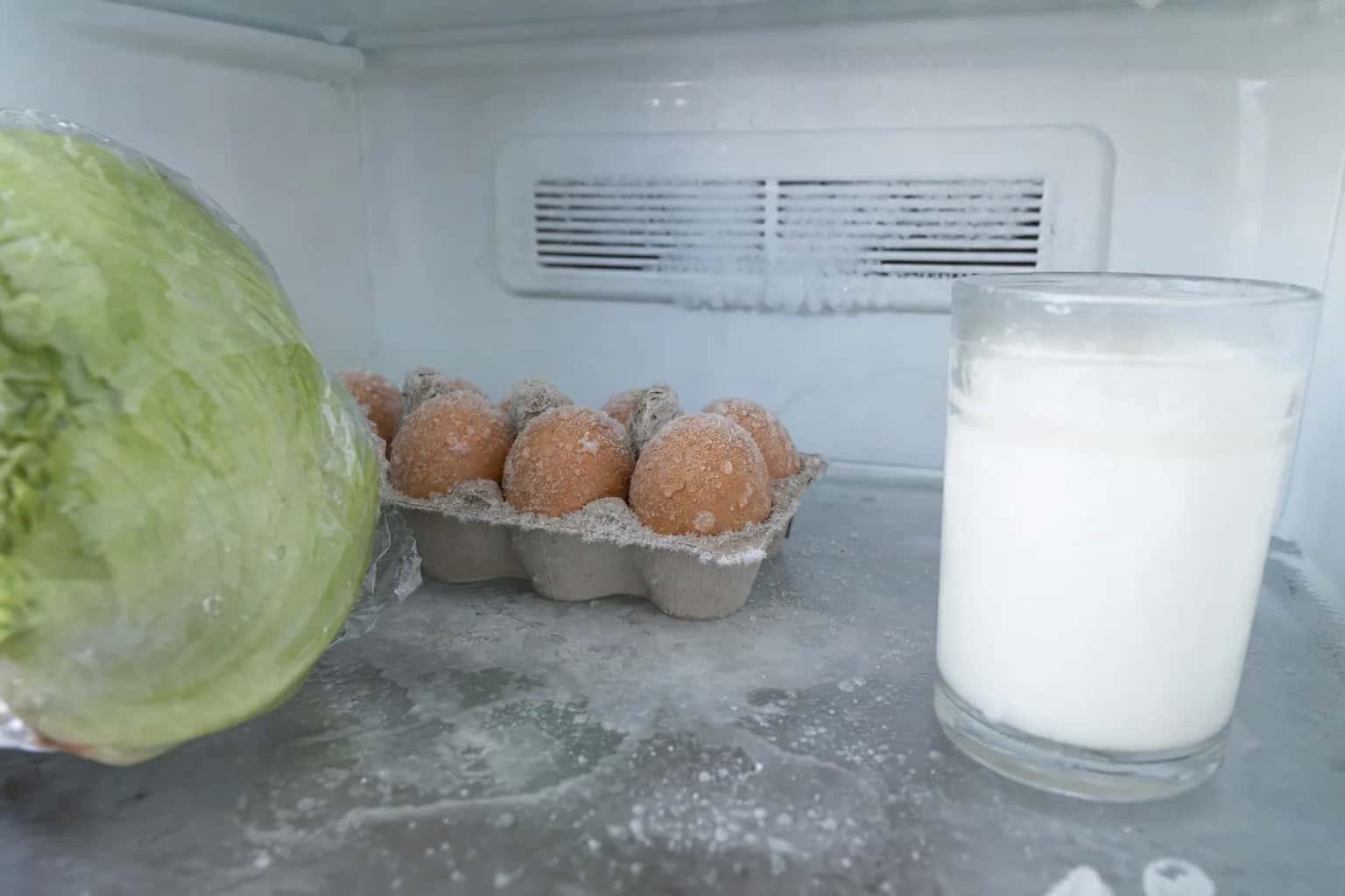 Frozen lettuce, eggs and a glass of milk on a frosty refrigerator shelf