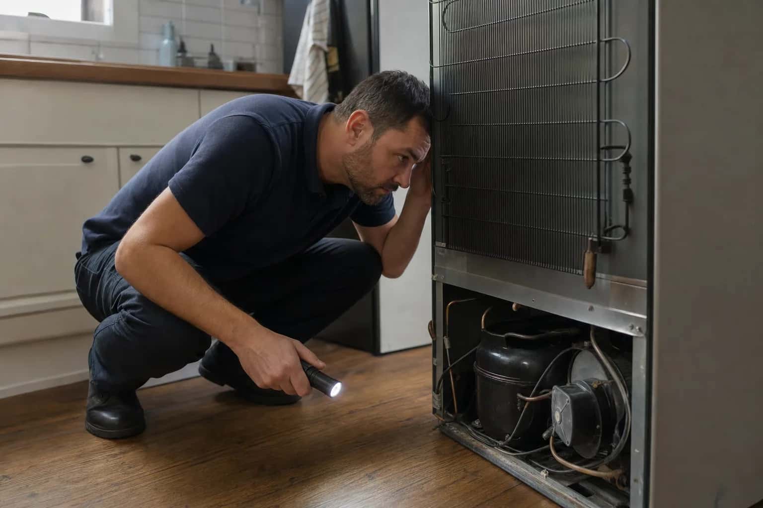 A man in a navy polo listening at the back of a refrigerator near the compressor