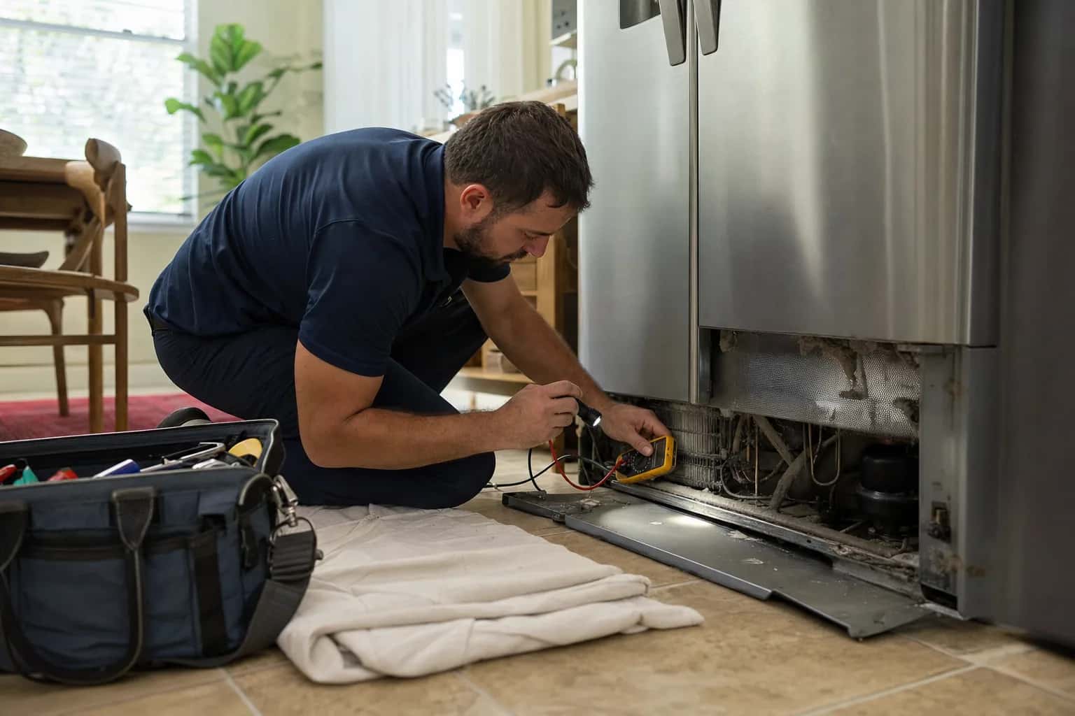 A man in a navy polo testing the lower rear panel of a stainless refrigerator with a meter