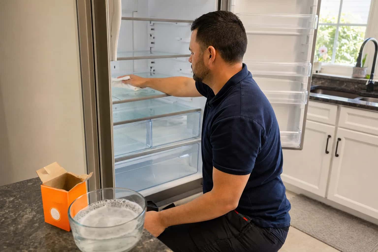 A man wiping the inside of an empty refrigerator, with baking soda on the counter