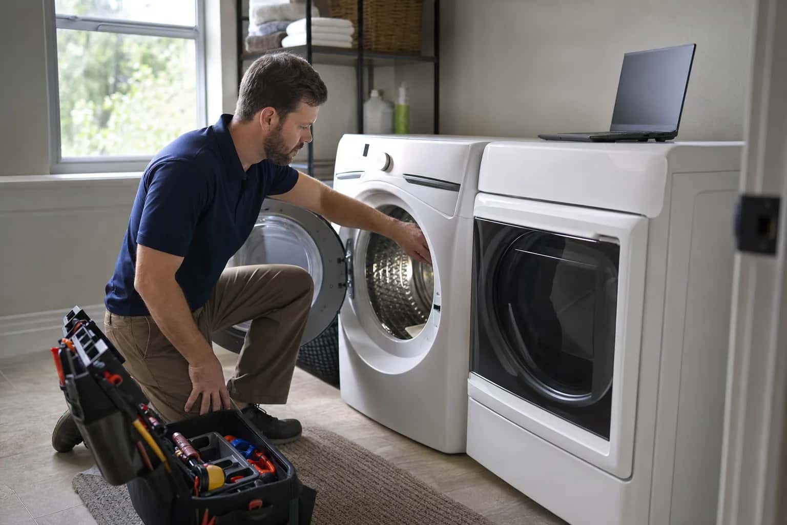 A man in a navy polo looking into a front-load washer beside a matching dryer