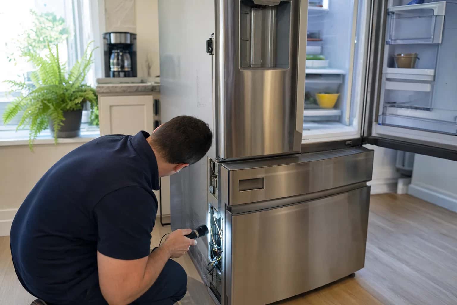 A man in a navy polo crouching at the open freezer drawer of a French-door refrigerator