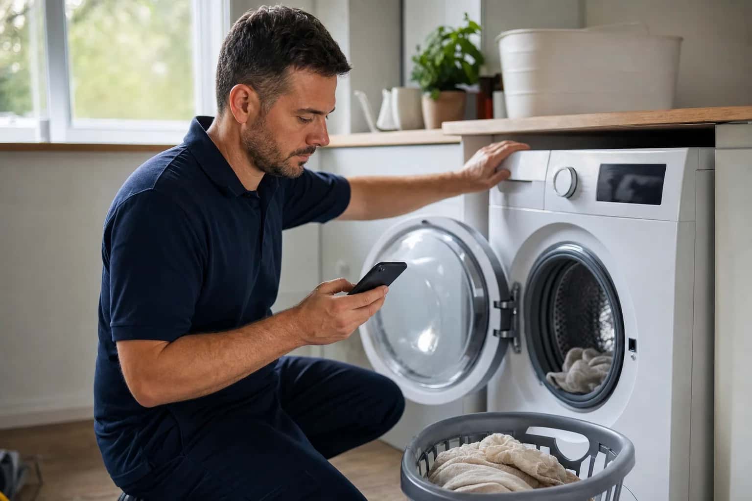A man in a navy polo looking at a phone beside an open front-load washer
