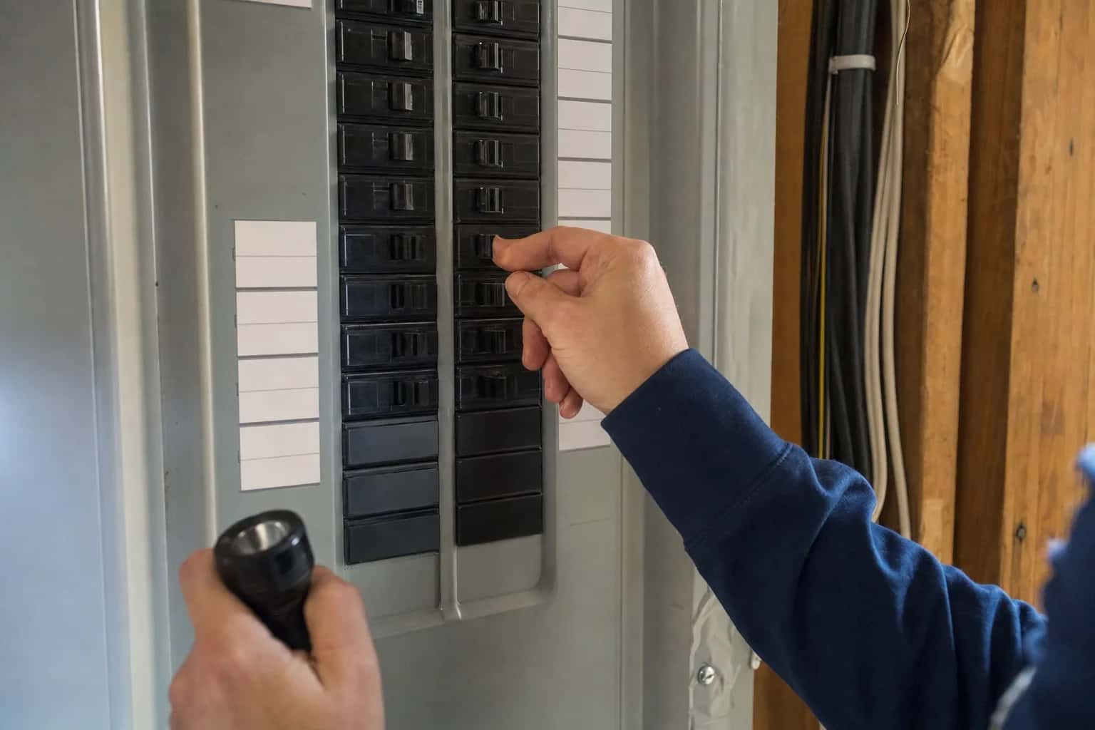 A hand at a home electrical panel, holding a flashlight