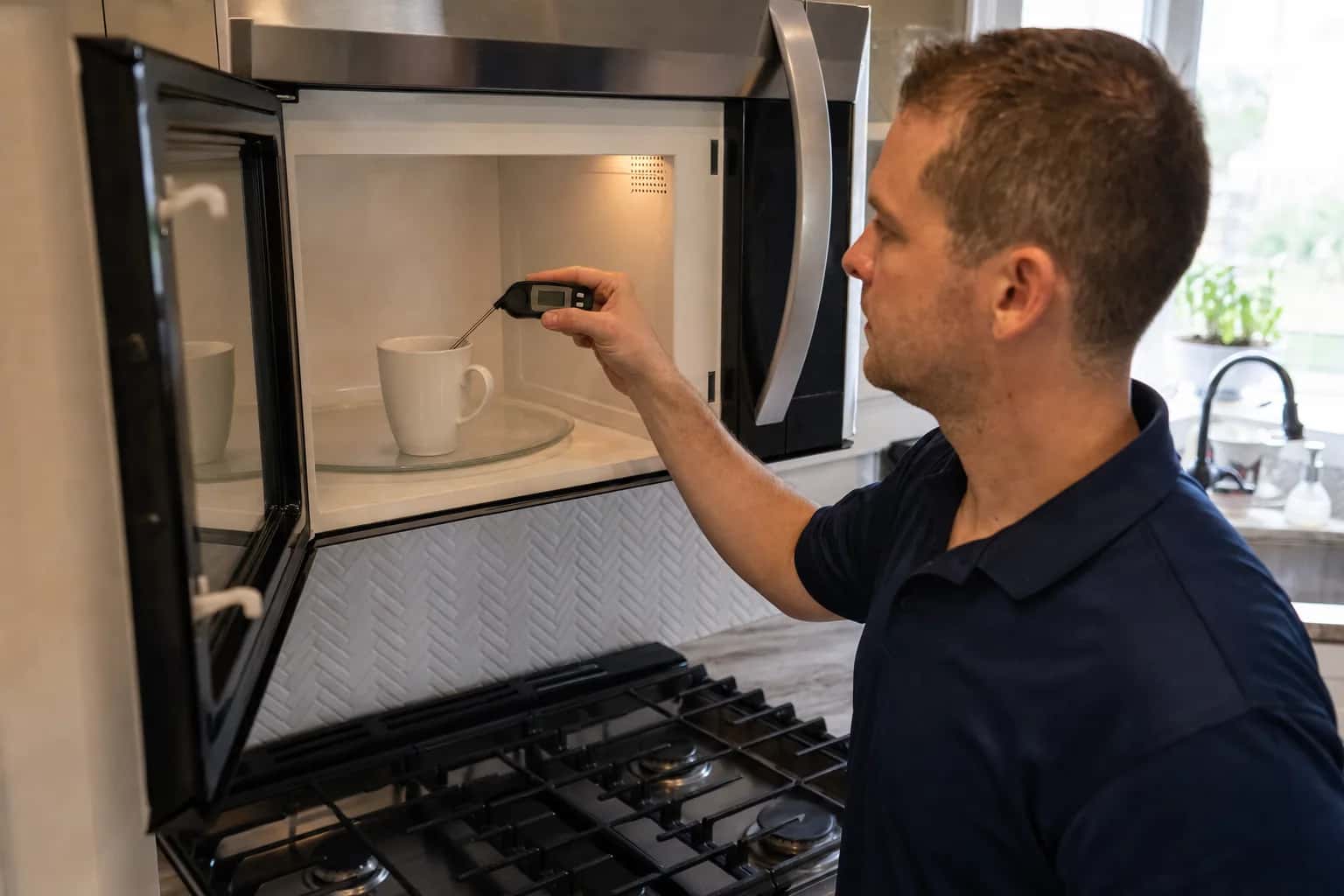 A man in a navy polo checking a cup inside an over-the-range microwave with a thermometer