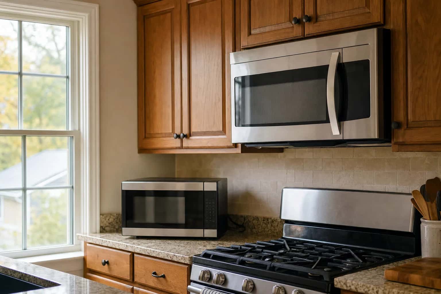 A kitchen with an over-the-range microwave above the range and a countertop microwave on the counter