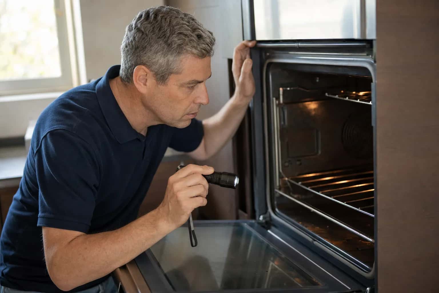 A man in a navy polo shining a flashlight into an open wall oven
