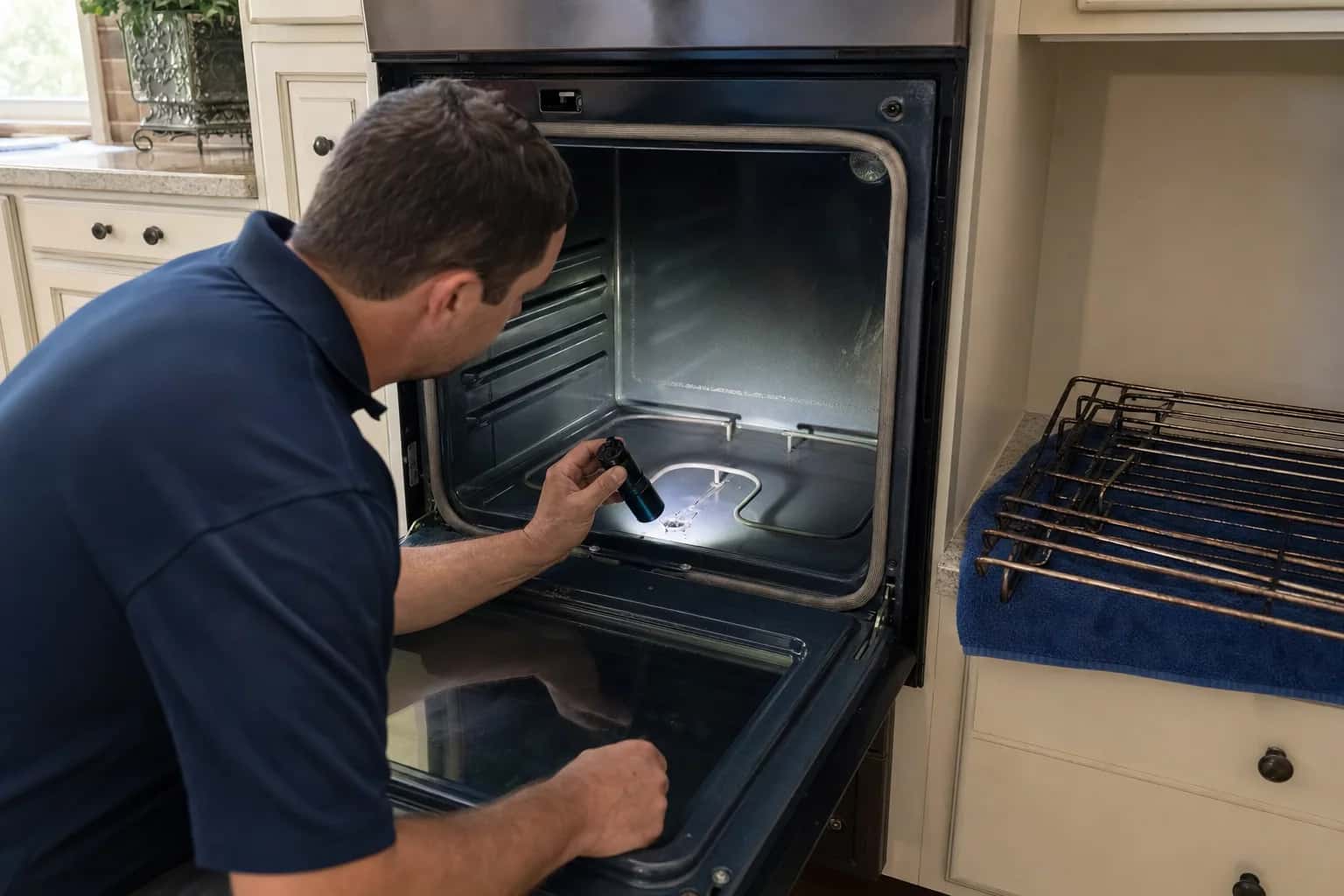 A man in a navy polo inspecting the inside of an oven with the racks out