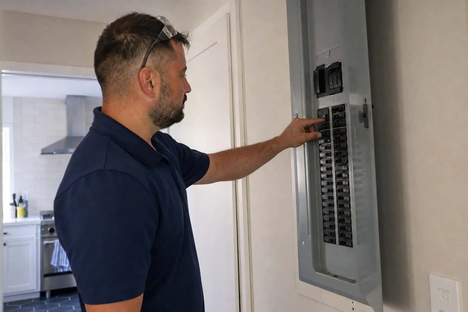 A man in a navy polo checking breakers in a home electrical panel