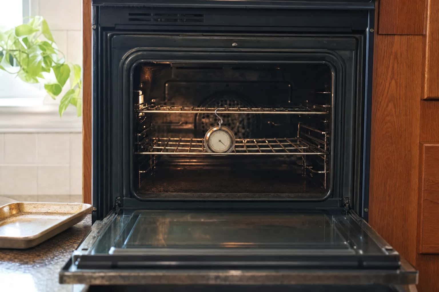 An oven thermometer on the rack of an open, lit oven