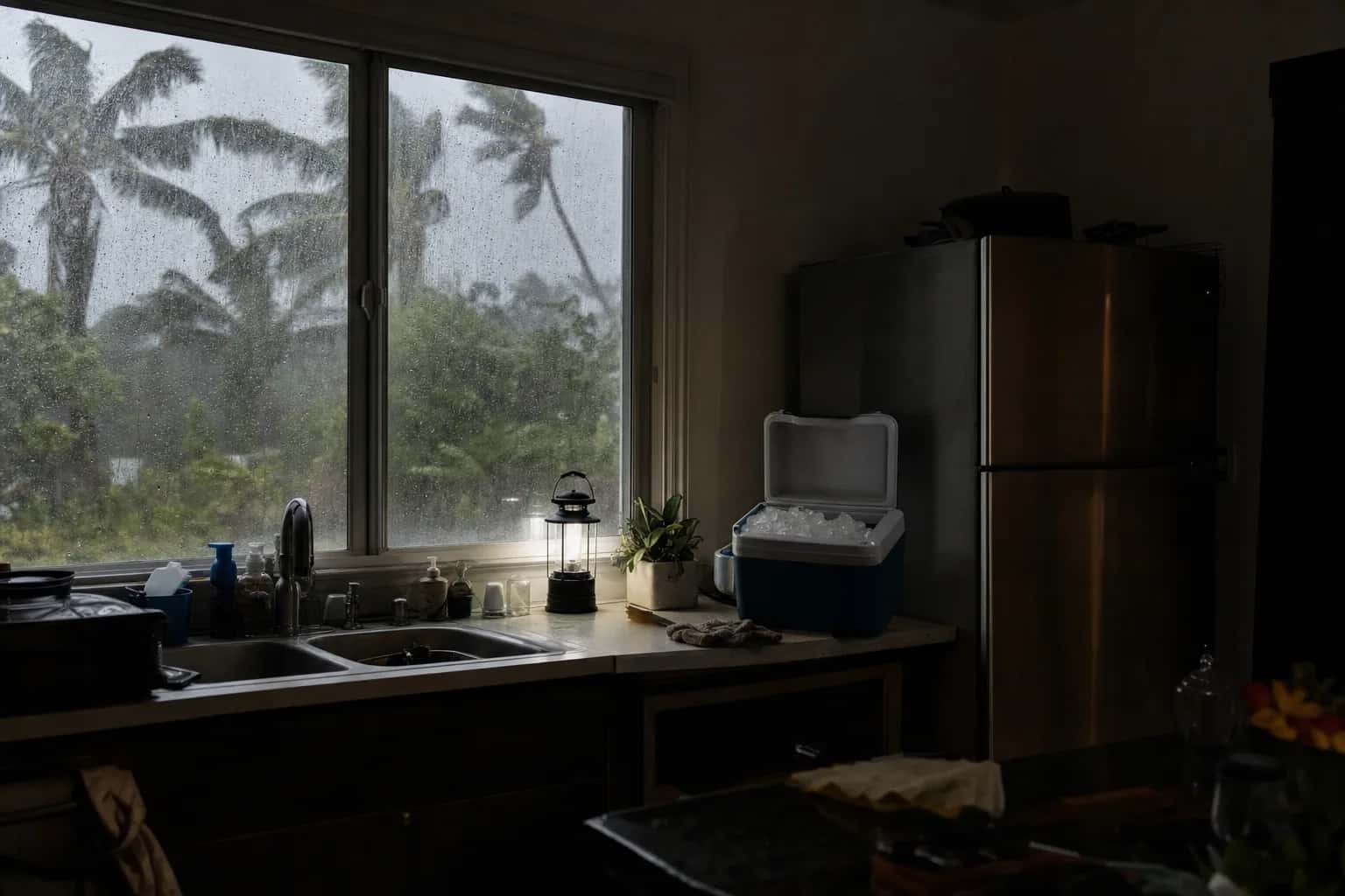 A dark kitchen during a storm, with a lantern and a cooler on the counter by the refrigerator