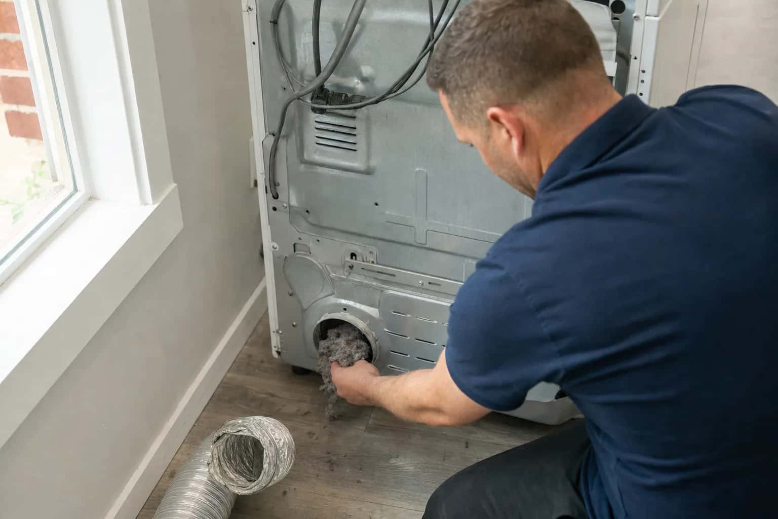A man in a navy polo reaching behind a dryer to the vent connection