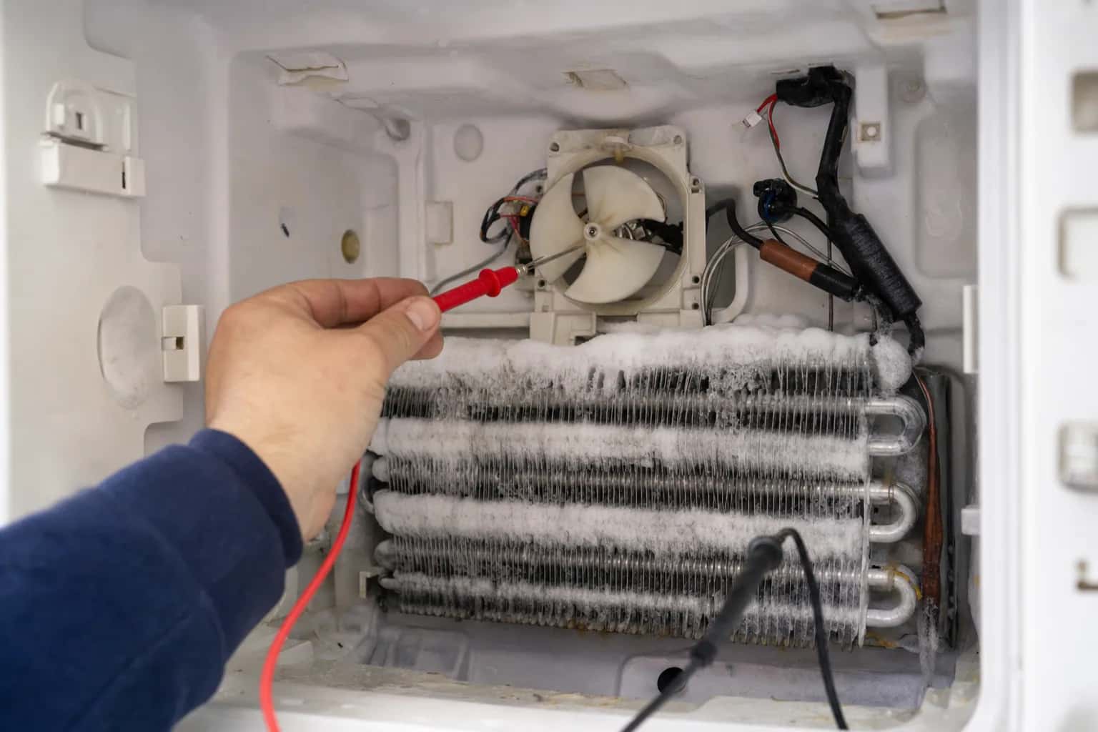 Meter probes on the evaporator fan behind a frosted freezer coil