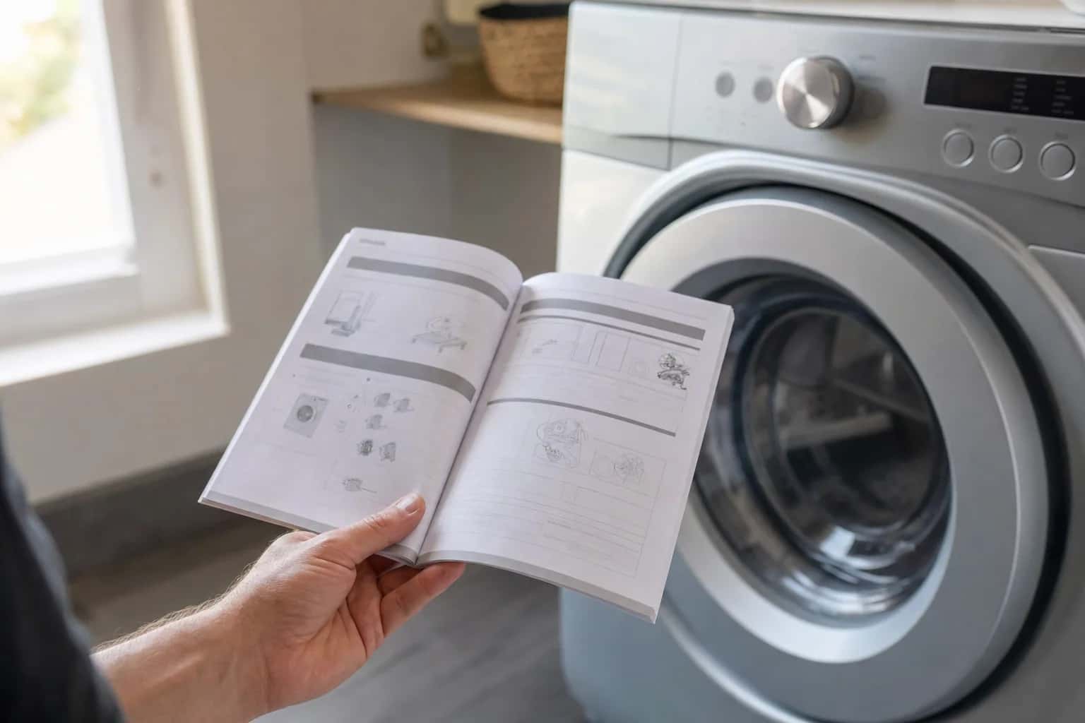 A hand holding an open owner's manual in front of a front-load washer