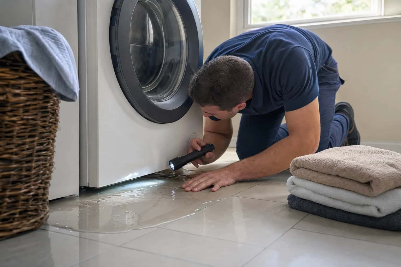 A man in a navy polo shining a flashlight under a front-load washer, with water on the tile floor