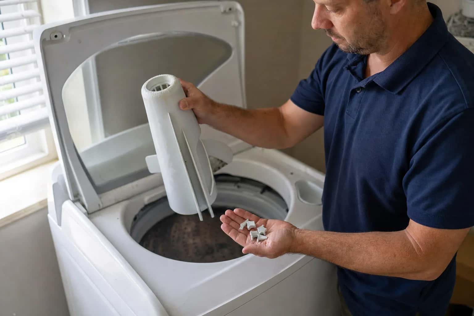 A man in a navy polo holding small parts beside the agitator of a top-load washer