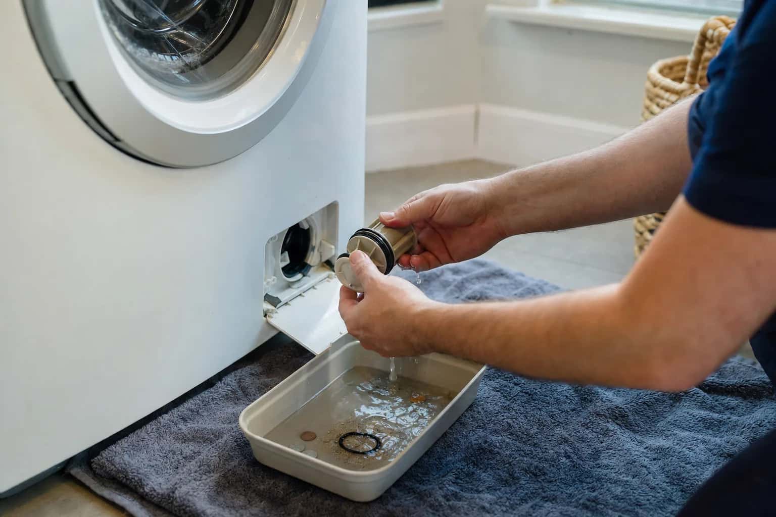 Hands removing the drain pump filter from the bottom of a front-load washer into a pan