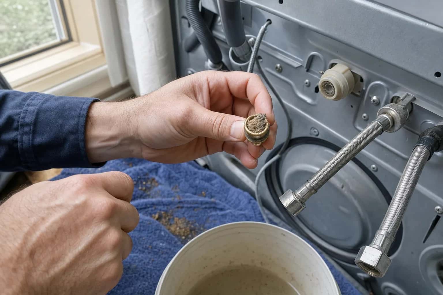 Fingers holding a washer inlet screen next to the water supply hoses