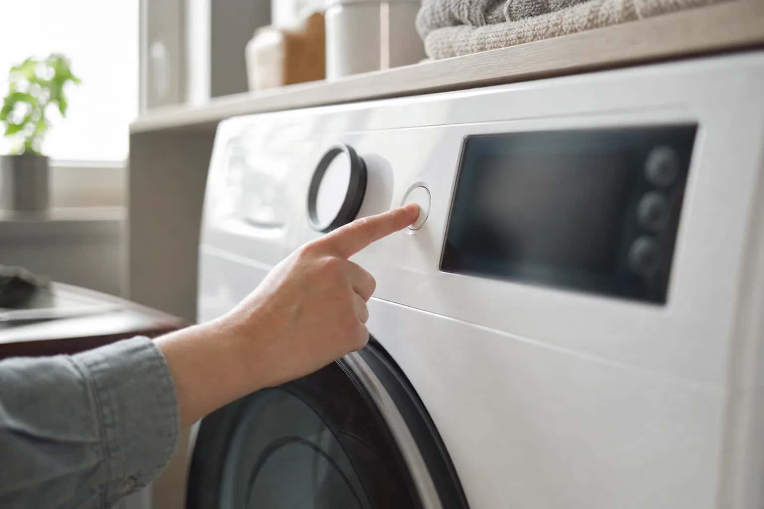A finger pressing the power button on a front-load washer