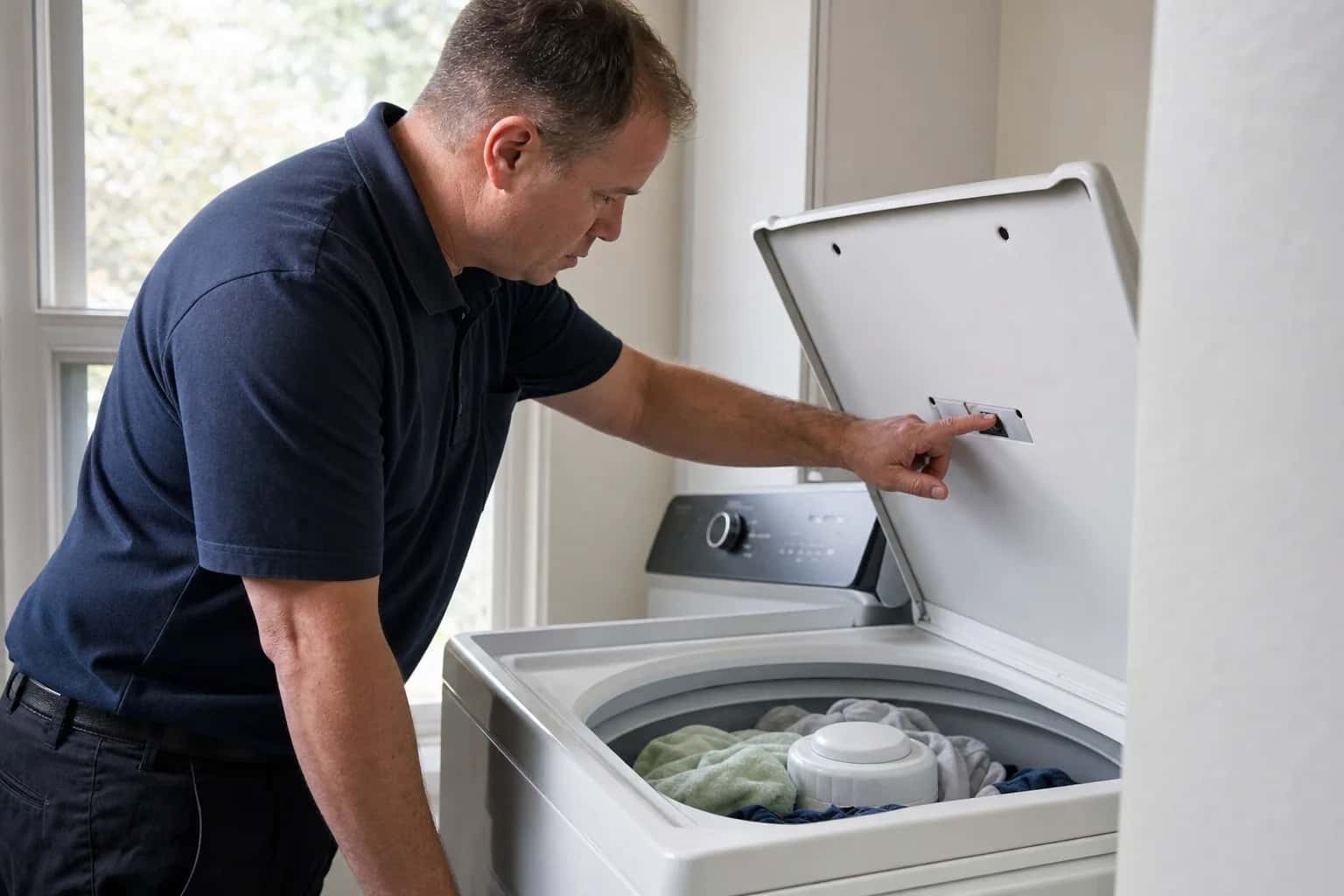 A man in a navy polo checking the lid switch of a top-load washer