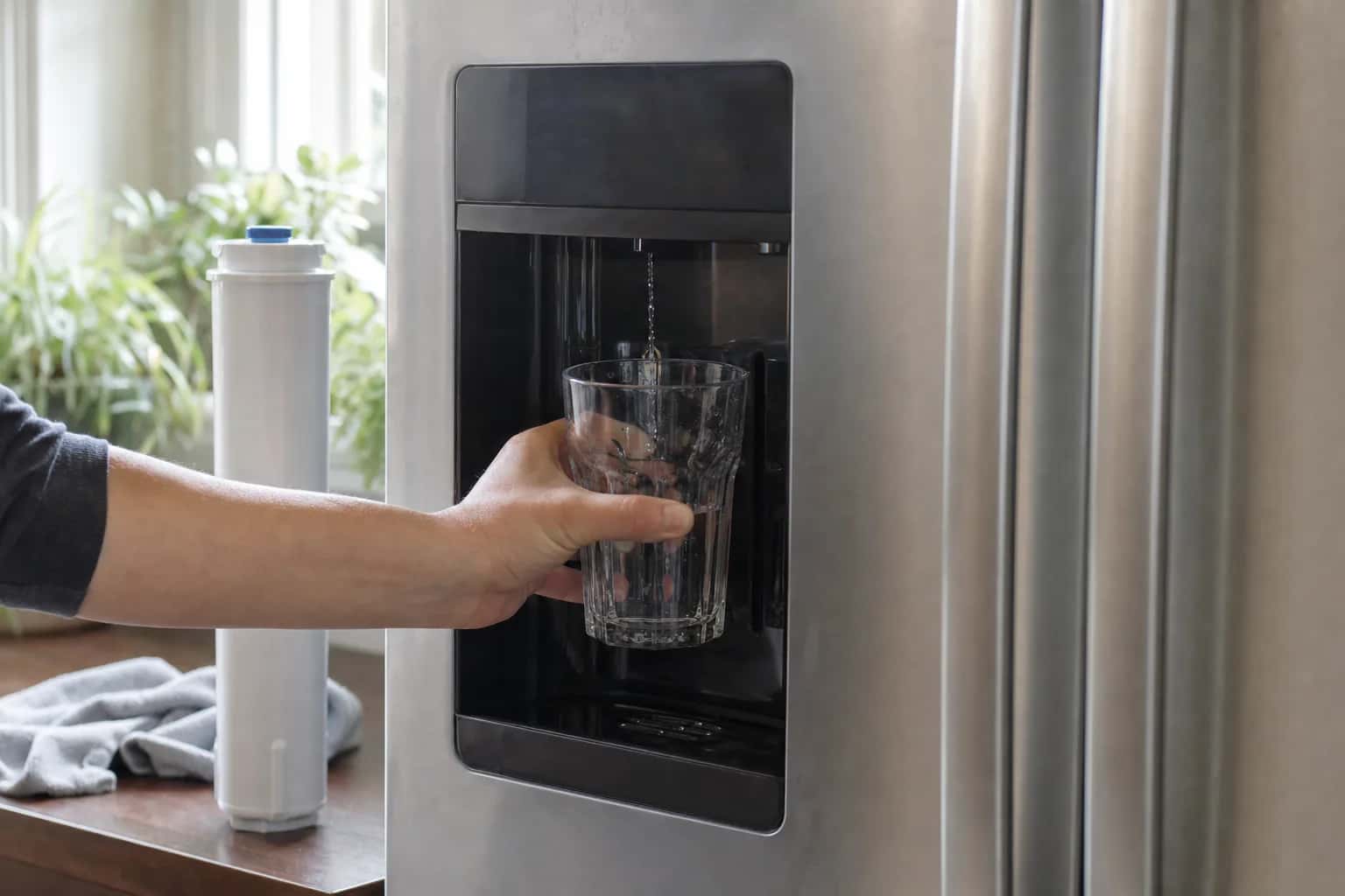 A hand holding a glass to a refrigerator water dispenser, with a water filter on the counter