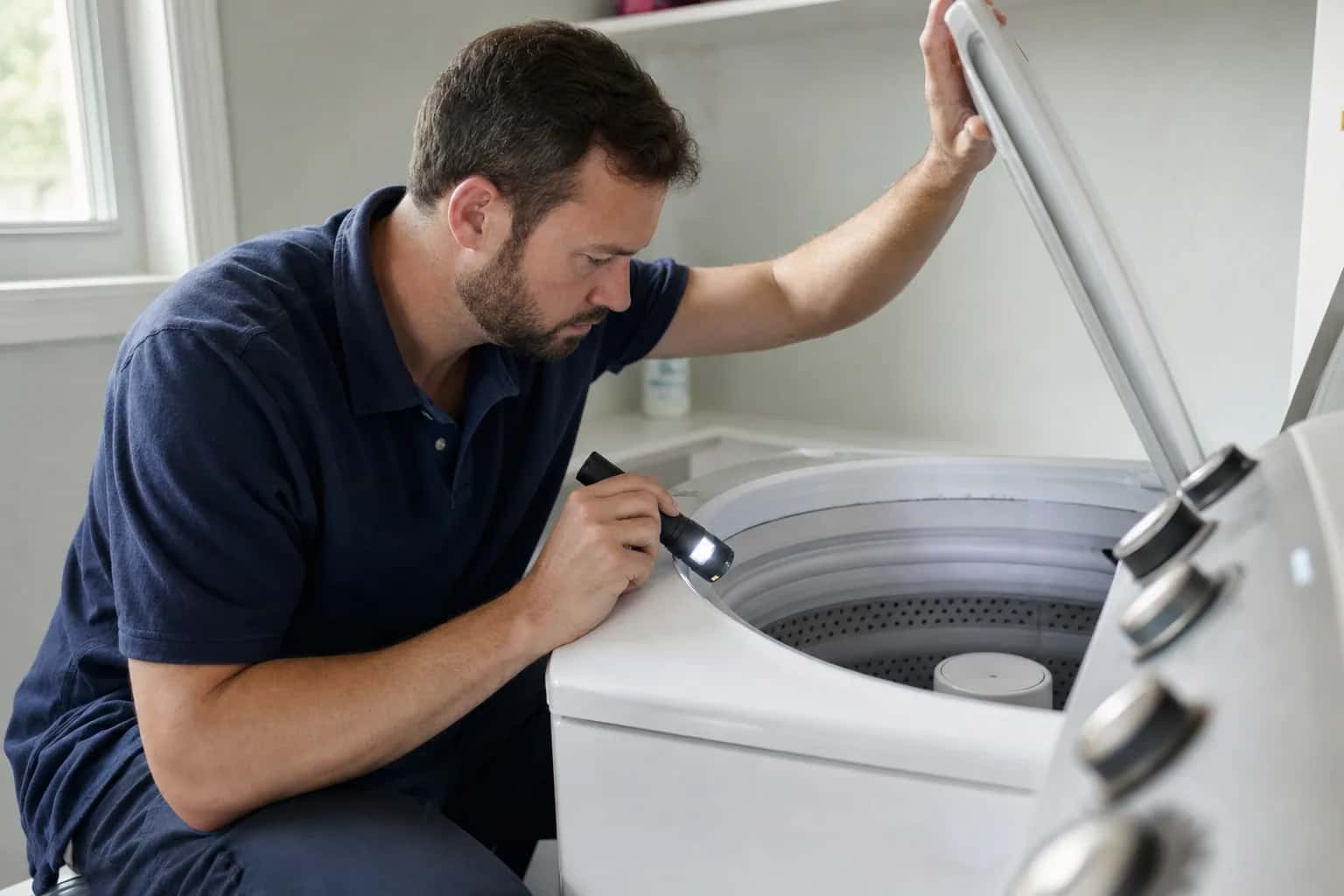 A man in a navy polo shining a flashlight into the tub of a top-load washer