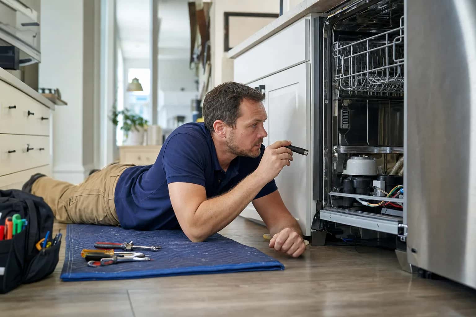 A man lying on a mat, checking under an open dishwasher with a flashlight