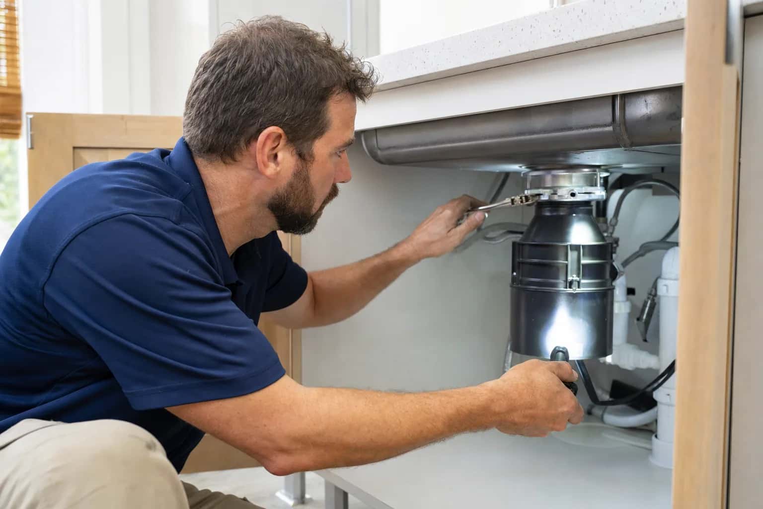 A man in a navy polo working on a garbage disposal under a kitchen sink