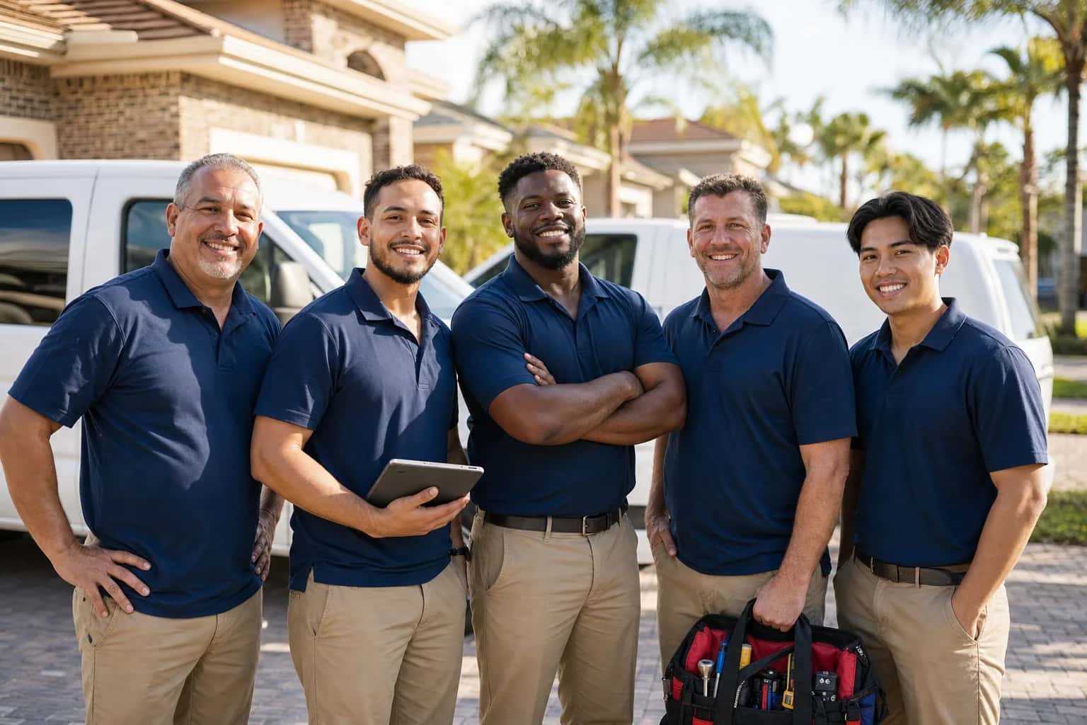Five men in navy polo shirts and khakis standing in a driveway in front of white vans