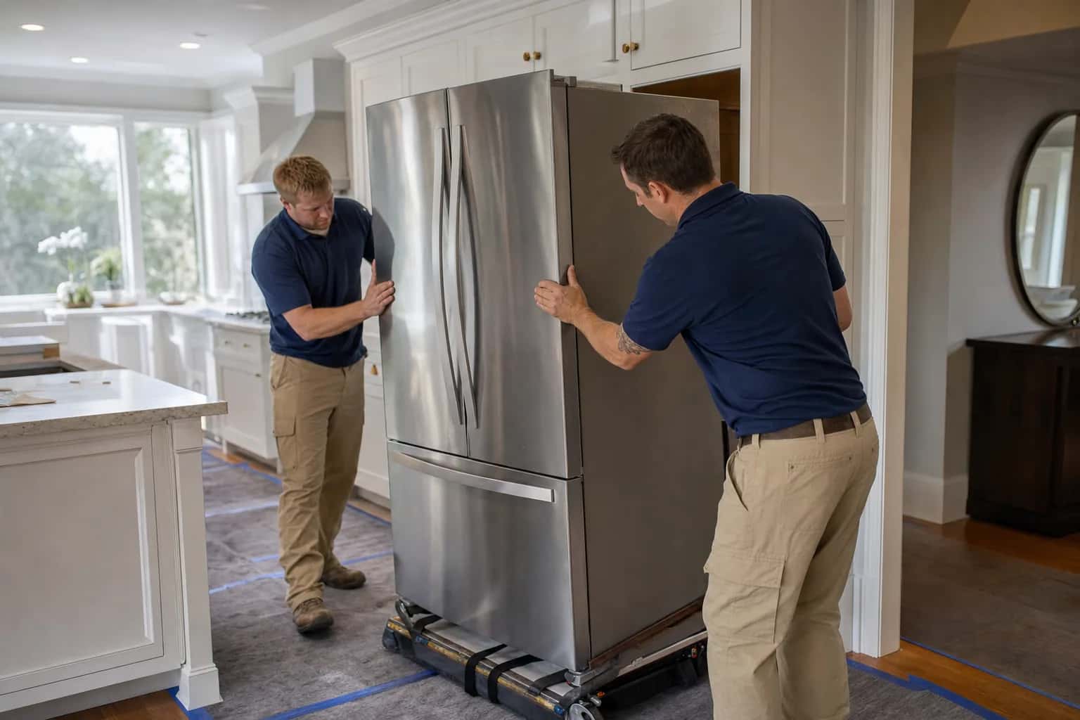 Two men in navy polos guiding a stainless refrigerator into a kitchen opening