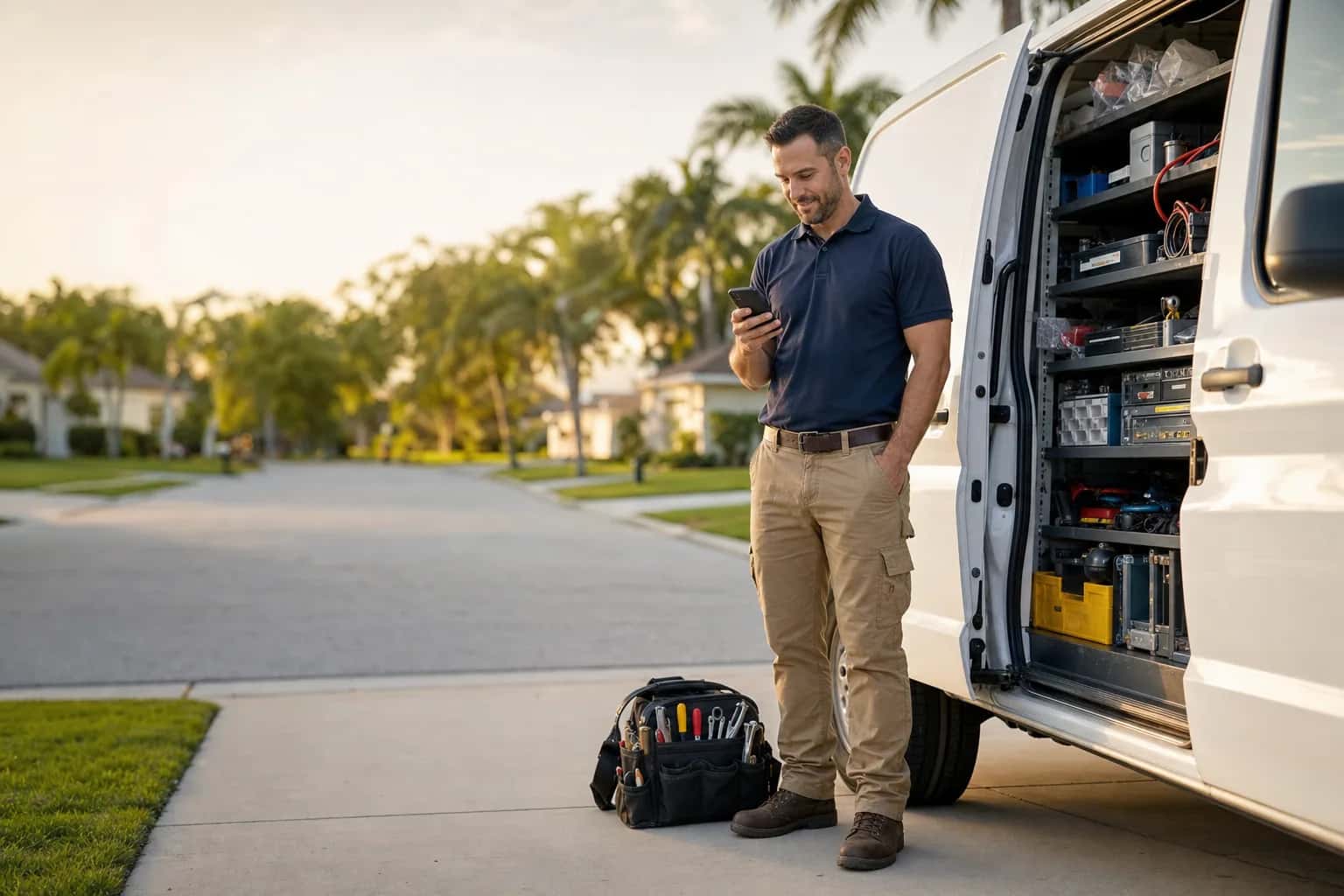 An independent appliance technician beside his work van in an Atlanta driveway, checking a job offer on his phone