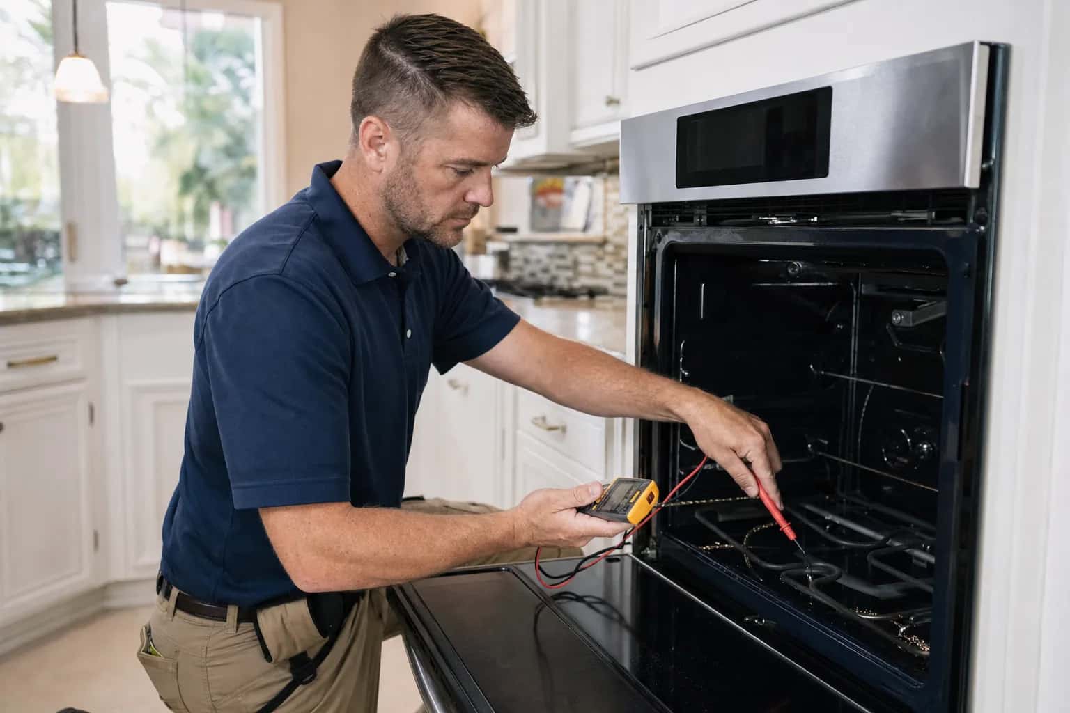 A man testing the inside of an electric wall oven with a multimeter