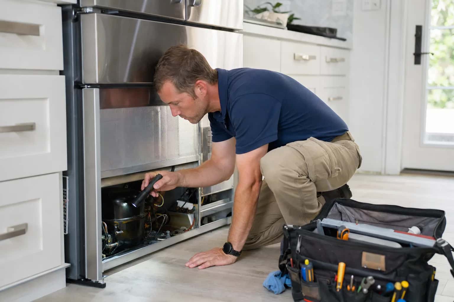 A man in a navy polo kneeling at the open lower panel of a stainless refrigerator, a tool bag beside him