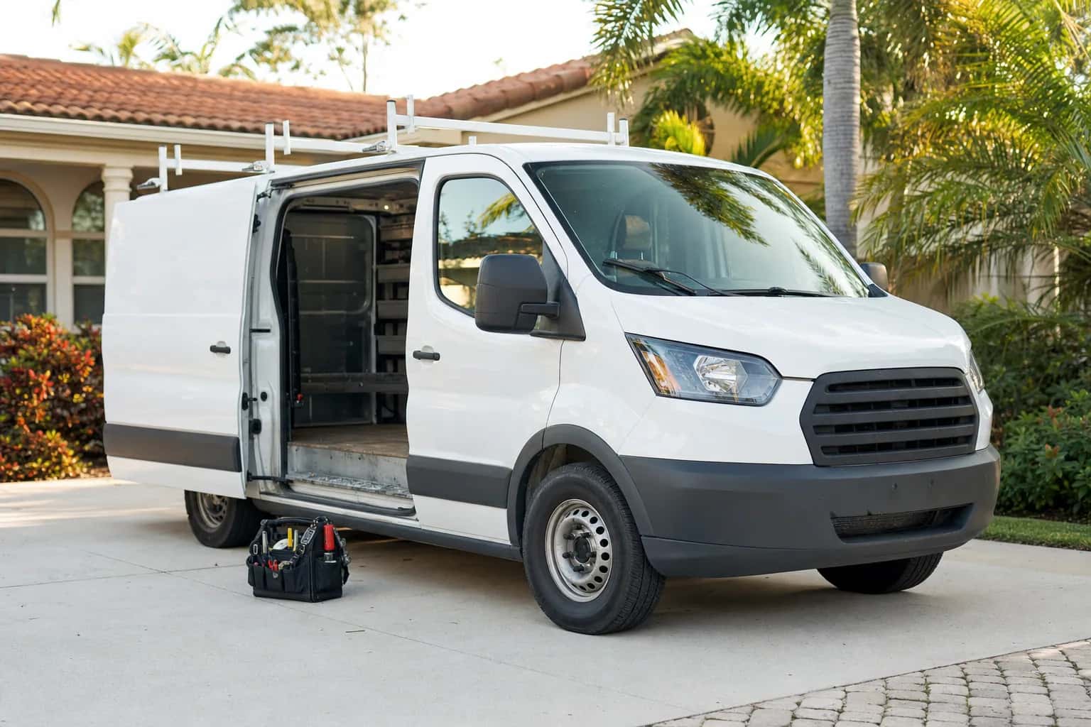 A white cargo van with its side door open in a driveway, a tool bag on the ground