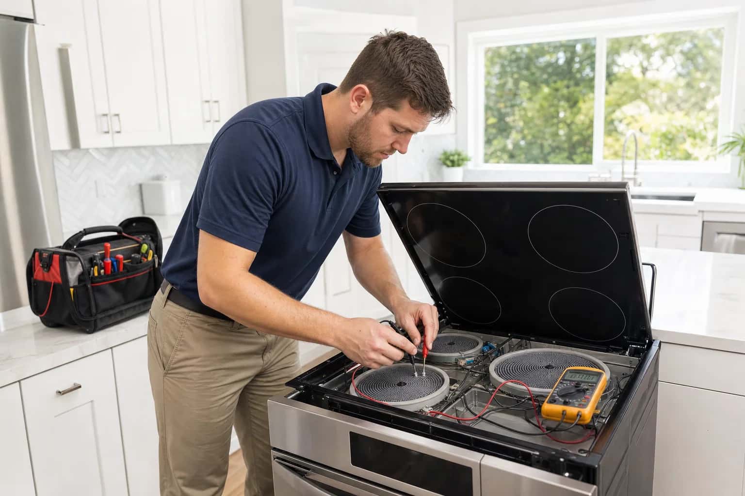Smooth glass-top electric range with the top lifted and a multimeter on the elements