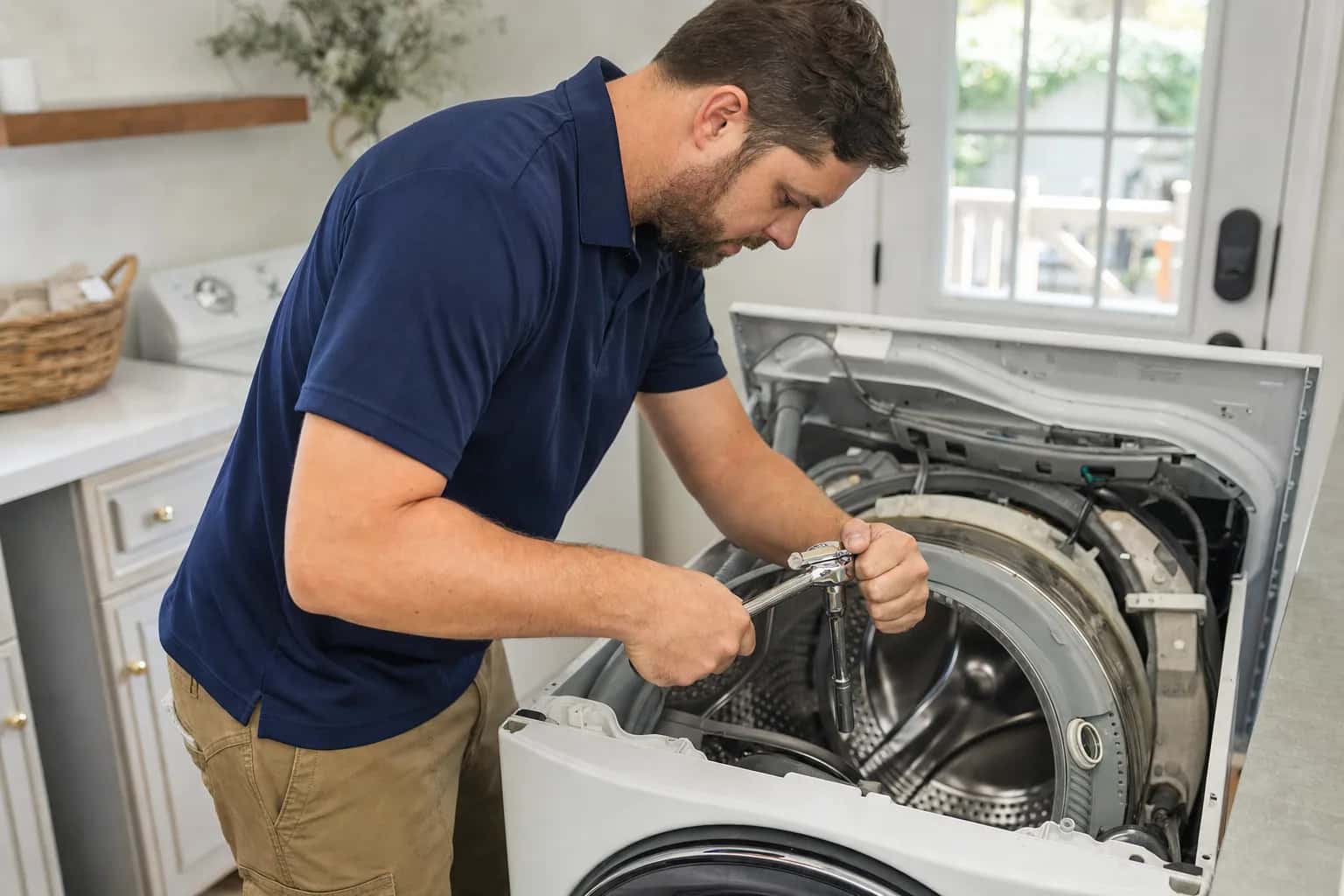 A man in a navy polo working inside a front-load washer with the top panel lifted