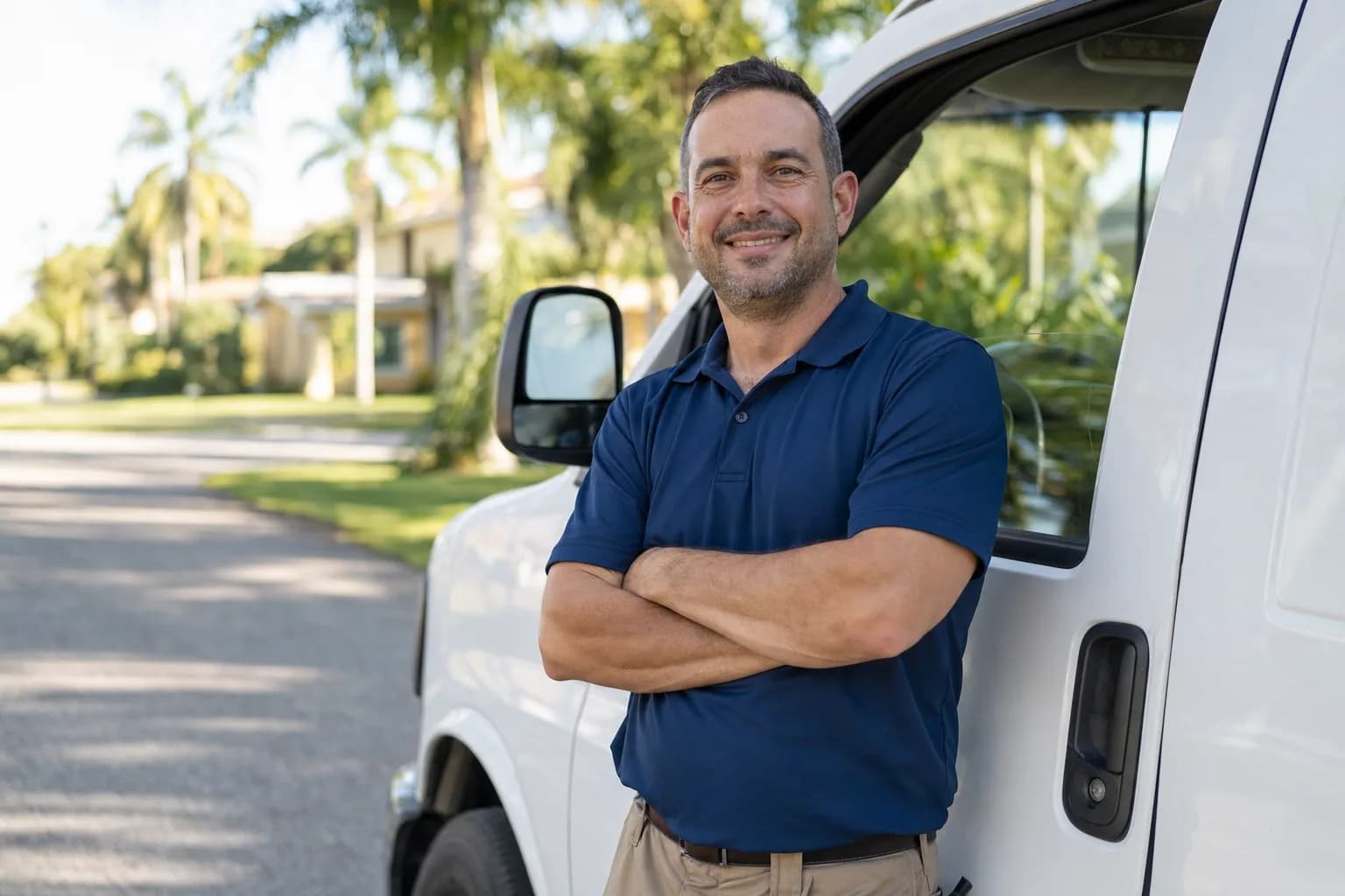A man in a navy polo shirt leaning on a white van on a palm-lined residential street