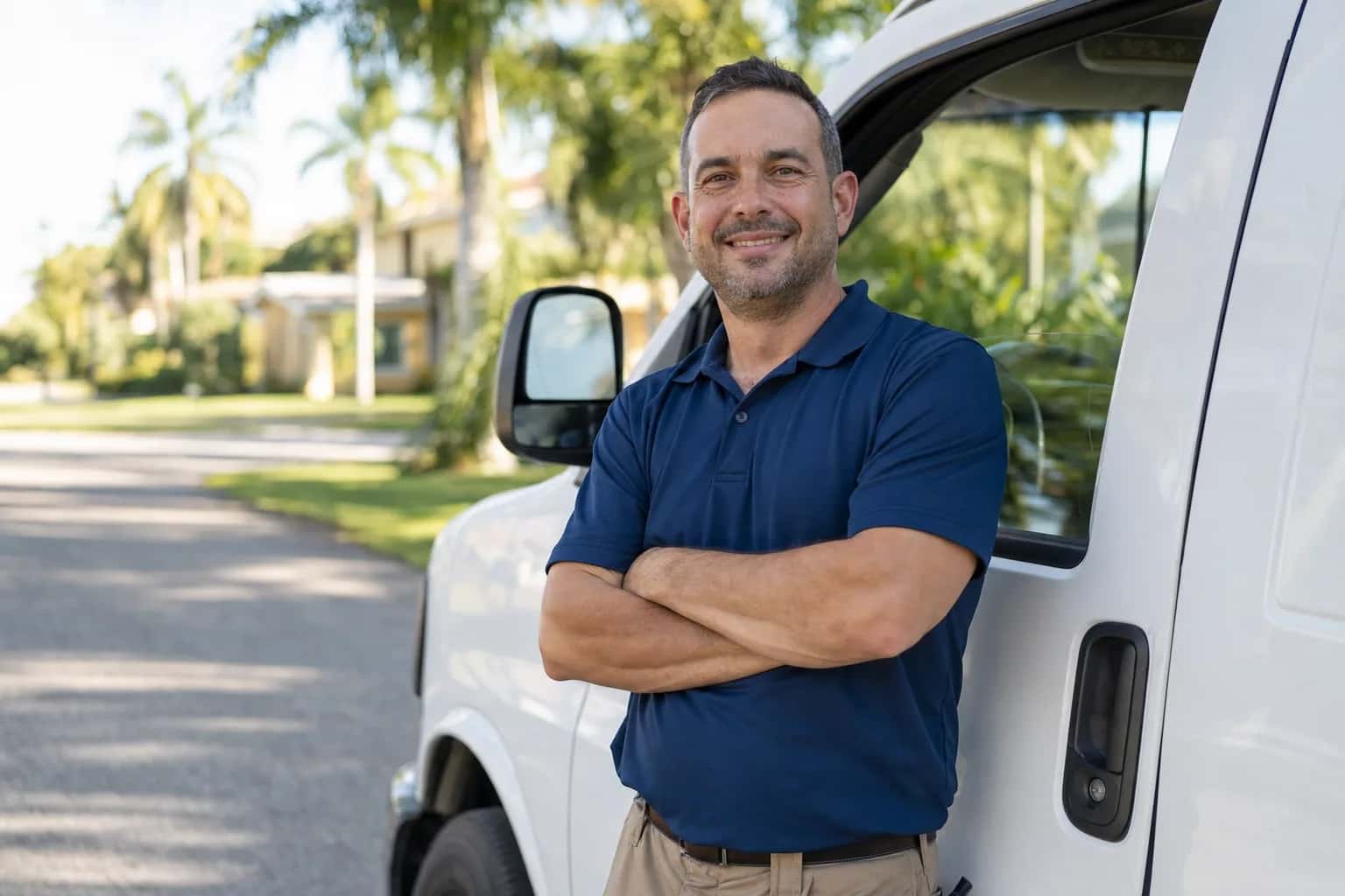 A man in a navy polo shirt leaning on a white van on a palm-lined residential street