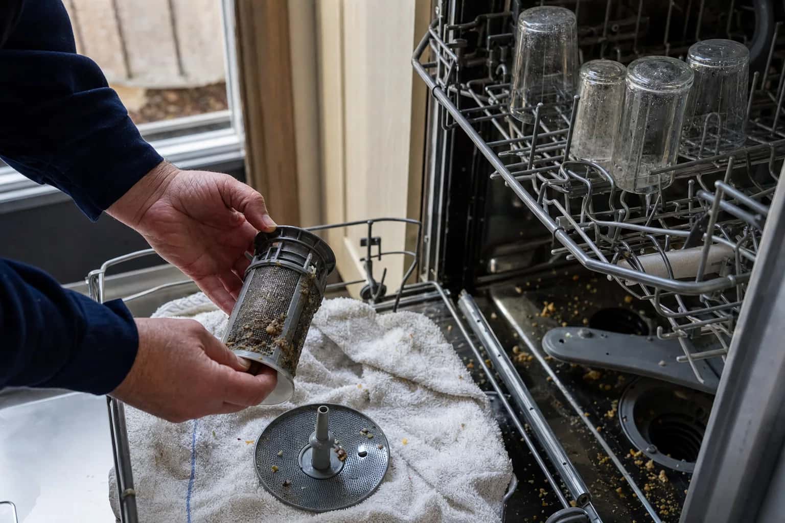 Hands holding a dishwasher filter over a towel in the bottom of an open dishwasher