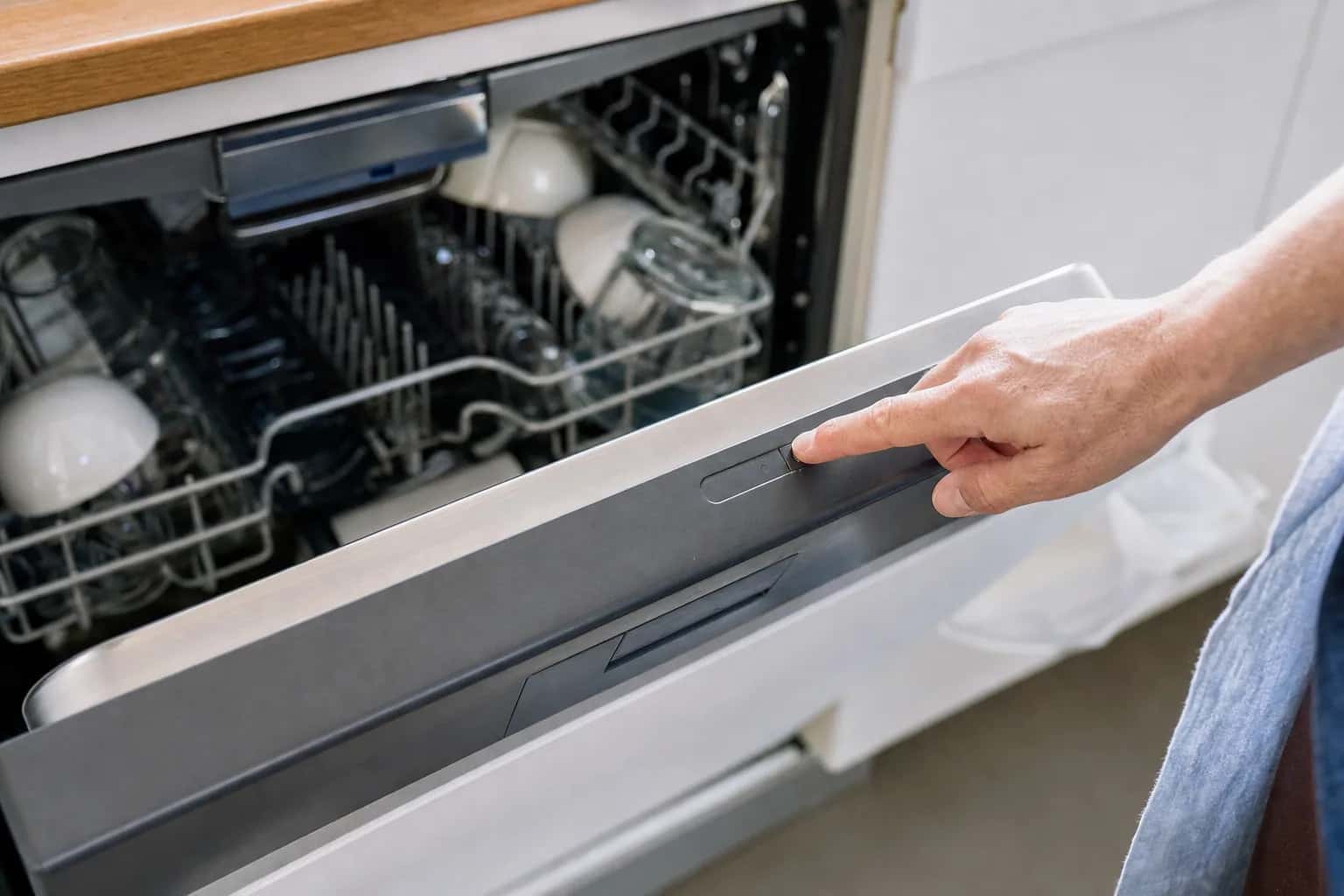 A finger pressing a button on the top edge of an open dishwasher door