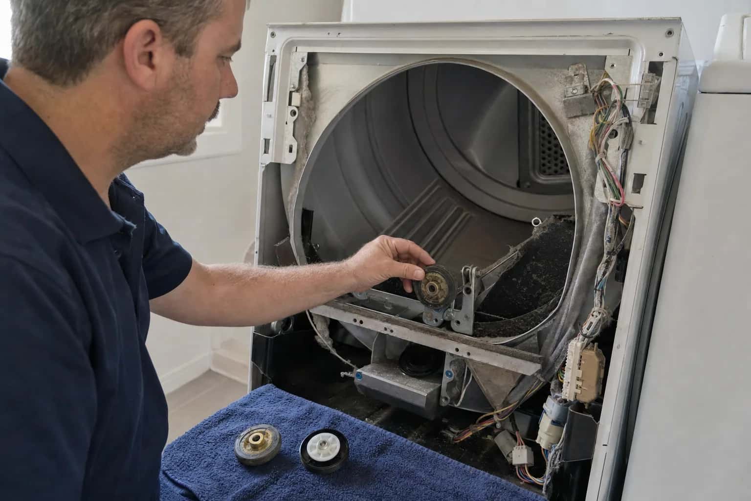 A man in a navy polo inspecting the drum of a dryer with the front panel removed