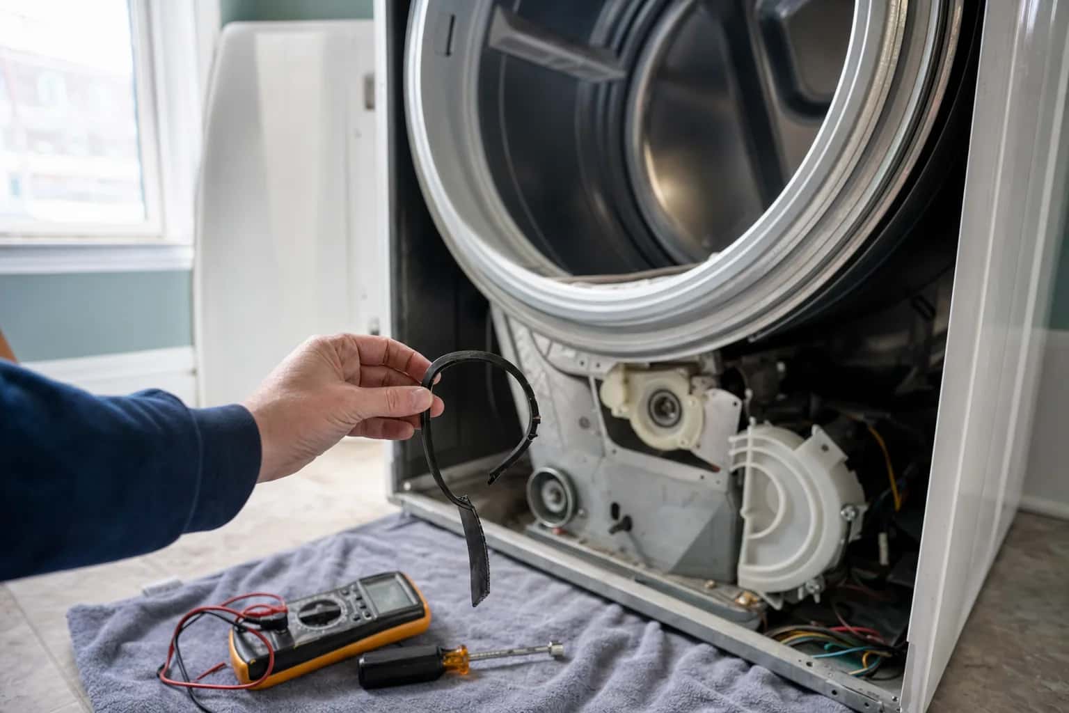 A dryer with its front panel off and a multimeter on a towel in front of it