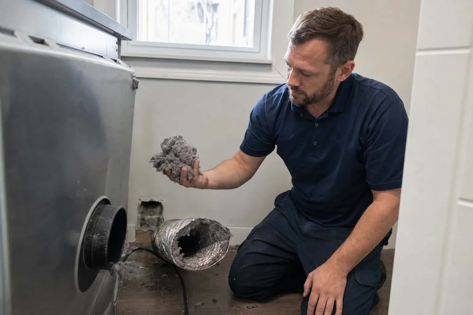 A man in a navy polo holding a clump of lint pulled from a dryer vent duct