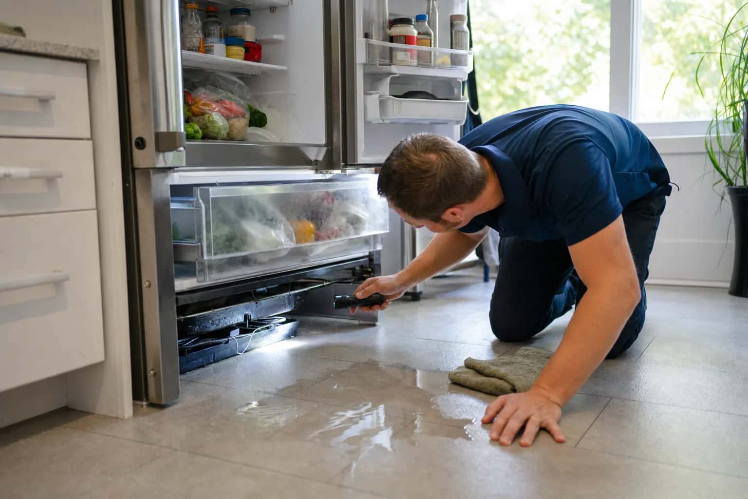 A man in a navy polo shining a flashlight under a refrigerator, with water on the floor